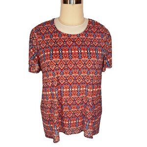 Women's 1X Blouse Catherine's Red White Blue Short Sleeve Mesh Stretch Abstract